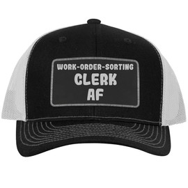 Work-Order-Sorting Clerk AF - Leather Black Patch Engraved Trucker Hat, Black-White, One Size
