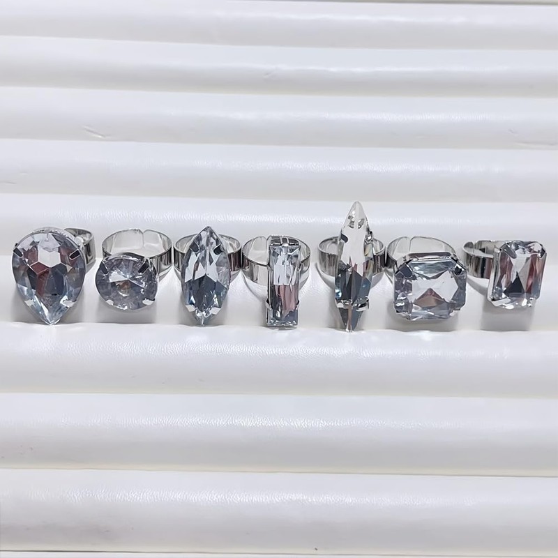 DZSYJKTM Sparkly Silver Chunky Crystal Rings Set for Women, Statement
