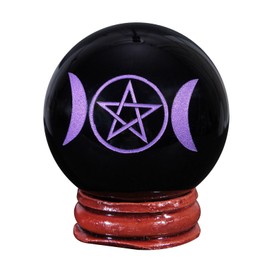 mookaitedecor Natural Black Obsidian Crystal Ball Engraved Purple Triple Moon & Pentagram Polished Stone Ball Sculpture Figure with Stand for Feng Shui Home Decoration