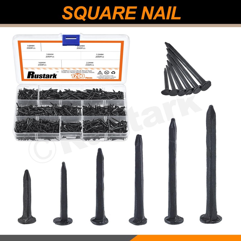 Rustark 1200Pcs 6 Sizes Black Metal Nails Tacks Assortment Kit