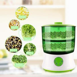 Electronic Seed Sprouter Kits, Automatic Bean Sprouts Machine Seed Sprout Maker with 2 Layers Large Capacity Seed Grow and 360 Degree Sprinkler for Bean,Radish, Alfalfa, Wheatgrass, Broccoli Sprouts