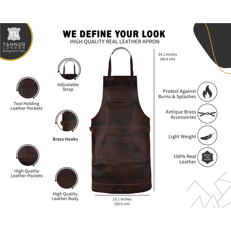 TANNER lONDON Full Grain Leather Apron for Butcher, Barber, Woodwork,