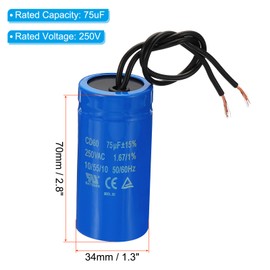 PATIKIL CD60 Run Capacitor 75uF 250VAC 2 Wire 50/60Hz Motor Start Capacitor for Air Compressor Motor Start