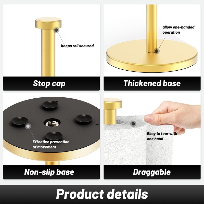 VEHHE Gold Kitchen Roll Holder, Free Standing Paper Towel Holder