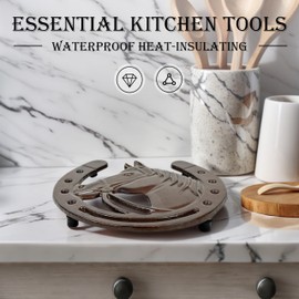 Linton Arts Cast Iron Trivets for Hot Dishes, 2 Pack Horse Head Horseshoe Design Metal Trivets with Heat Resistant Gloves, Trivets for Hot Pots and Pans, Kitchen Trivets for Hot Dishes