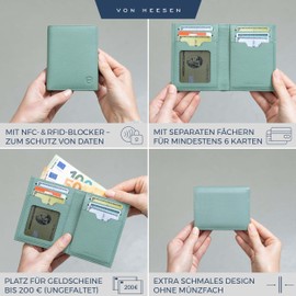 VON HEESEN Men's Leather Wallet with Coin Compartment and RFID Protection, Genuine Leather Wallet for Men and Women, Wallet, Turquoise (Silver Pine), Without coin compartment, Without coin compartment