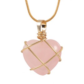 Lovionus89 Natural Love Heart Crystal Pendenat Necklace for Women Men, Healing Crystal Handmade Wire Wrapped Pendenats, Rose Quartz
