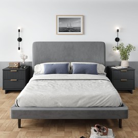 Manhattan Comfort Granville Modern Nightstand 2.0 with 2 Full Extension Drawer, Textured Ribbed Lines Design with Gold Accent, Bedside or End Table for Bedroom or Living Room, Set of 1, Dark Grey