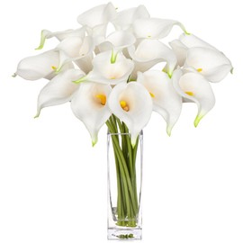 DILATATA Fake Flowers in Vase 14“ Artificial Calla Lily Pure-White Flowers Arrangement with Vase and Faux Water for Home Decor Dining Table
