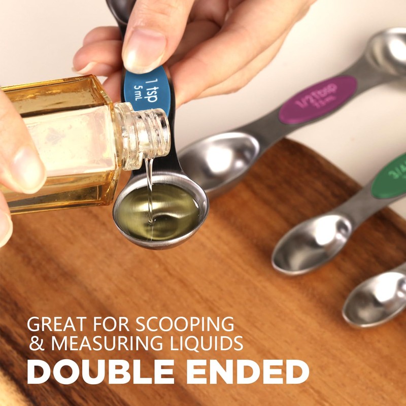 ChefAide Pack of 8 Stainless Steel Magnetic Measuring Spoons Set,