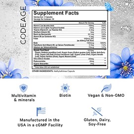 Codeage Biotin Supplement with Vitamin C, Vitamin E, Vitamin B6, Niacin, Folate, Food Blend, Phytoceramides, Astaxanthin, Selenium - Beauty Tonic - Hair, Skin, and Nail Support - Vegan, 90 Ct