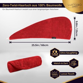 LUXTOGO Hair Turban - 100% Cotton - Premium Quality Hair Towel with Button and Elastic - Quick-Drying Head Towel Turban - Super Absorbent Hair Towel Turban without Microfibre (Red, Pack of 1)