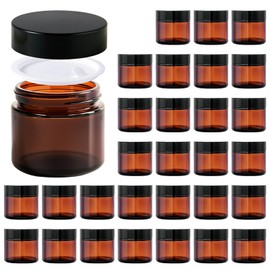 2oz Jars with Lids, HOA Kinh 30 Pack Amber Glass Jars with Black Lids Empty Cosmetic Containers Round Airtight Glass Jar with Inner Liners for Storing Lotions, Powders, and Ointments