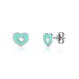UNICORNJ Sterling Silver 925 Heart Earrings Stud for Girls with Turquoise Enamel Color Heart in Heart