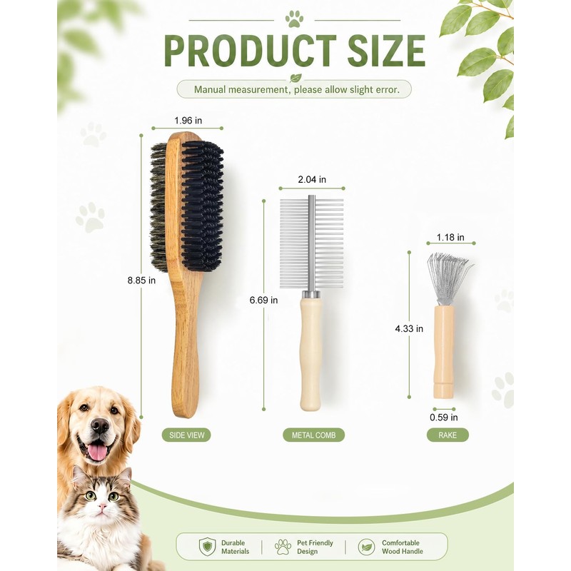 Angootao 3Pcs Natural Boar Bristle Brush Set for Short Haired