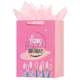 OFIHANLY 12.6" Medium Size Happy Birthday Gift Bag with Handles for Women Kids Baby Girls Cute Pink Paper Gift Wrap Bags with Tissue Paper,1Pcs