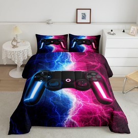 Erosebridal Gamer Bedding Set Twin Blue and Pink Gaming Comforter Sets for Boys Girls Kids,Video Game Console Quilt Bed Set,Abstract Lightning Down Comforter Gamer Room Decor with 1 Pillowcase