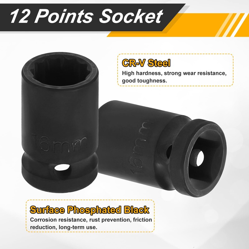 HARFINGTON 2pcs 1/2" Drive x 16mm Shallow Impact Socket 12-Point