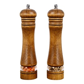 Haomacro Pepper Grinder, Wood Salt and Pepper Mills Set, Classic Manual Spice Grinder Refillable Salt Mill Sets with Acrylic Visible Window Adjustable Ceramic Grinding Rotor 8 inch 2 Pack