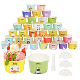 QIANAI Paper Disposable Ice Cream Bowls Ice Cream Cups with 35 Animal Figures and Letters, 35 Pieces Paper Dessert Cups 6 oz 180 ml with 35 Spoons