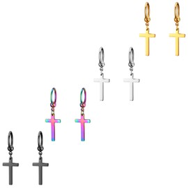 JewelryWe Wholesale 4Pairs Cross Earrings,Glossy Stainless Steel Dangle Earrings Hoop Ear Rings for Men Women