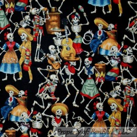 Alexander Henry BonEful Fabric FQ Cotton Quilt VTG Black White B&W Skeleton Skull Head Dance Bar