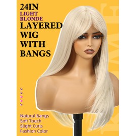 KOME Light Blonde Long Layered Wig with Curtain Bangs,Straight Hair Wigs for Women,Synthetic Heat Resistant Natural Looking Hair Wig for Party Cosplay Dality Use 24IN