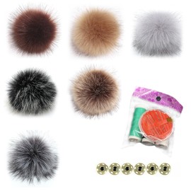 PARFCO 6 Pieces Fur Pompoms for Hats, Removable Hat Bobble with Press Studs, Bobble for Hats, Six Colours, Matching Sewing Kit, for Hats, Knitting, Scarves