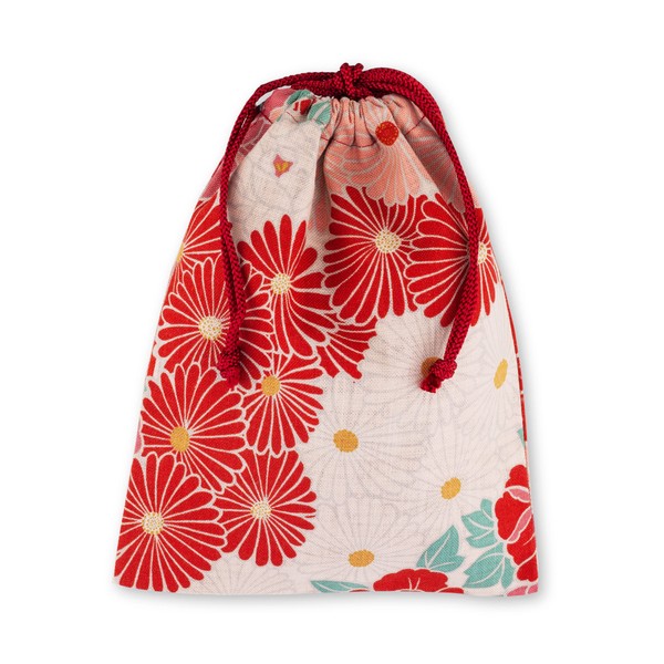 Small Drawstring Bag 9.8 x 7.5 inches Floral (Retro Flower / Red) Made in Japan