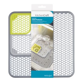 KitchenCraft Sink Protector Mat, 3-Piece Adjustable, Protection for the Sink, Glassware and Crockery, Plastic, 30 x 30cm (12 x 12"), Grey/Green
