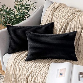 MIULEE Decorative Throw Pillow Covers Pack of 2 Corduroy Soft Soild Pillow Cases Square Pillowcases for Cushion Couch Sofa Bedroom Living Room 12 x 20 Inch, Black