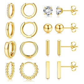 Dochais 8 Pairs Silver Earrings for Women, Hypoallergenic 14K Gold Plated Studs with Zirconia, 20G Huggie Hoop Sleeper Earrings Set for Multiple Piercings