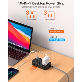 Black Extension Cord 10 ft, Flat Plug Power Strip with USB C, Ultra Thin Flat Plug Extension Cord - 6 Outlets with 4 USB Ports(2 USB C), Power Strip for Dorm Room Travel Essentials