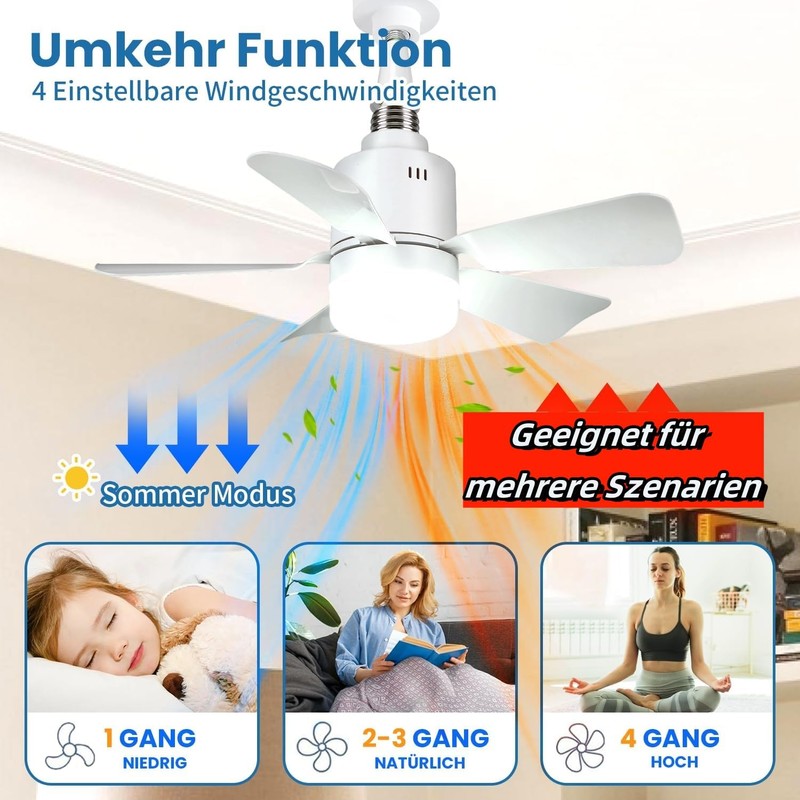 PKKP Ceiling Fan with Lighting, 72 W Adjustable 3 Speeds,