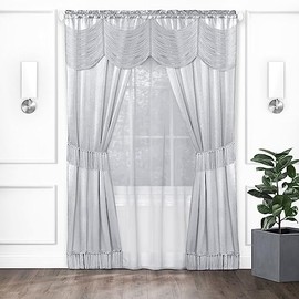 Halley Window Curtains, 6-Piece Set - 56 Inch Width, 63 Inch Length, 2 Inch Rod Pocket - Silver - Includes Valance, 2 Solid Panels, Sheer Panel & 2 Removable Tie Backs - by Achim Home Decor