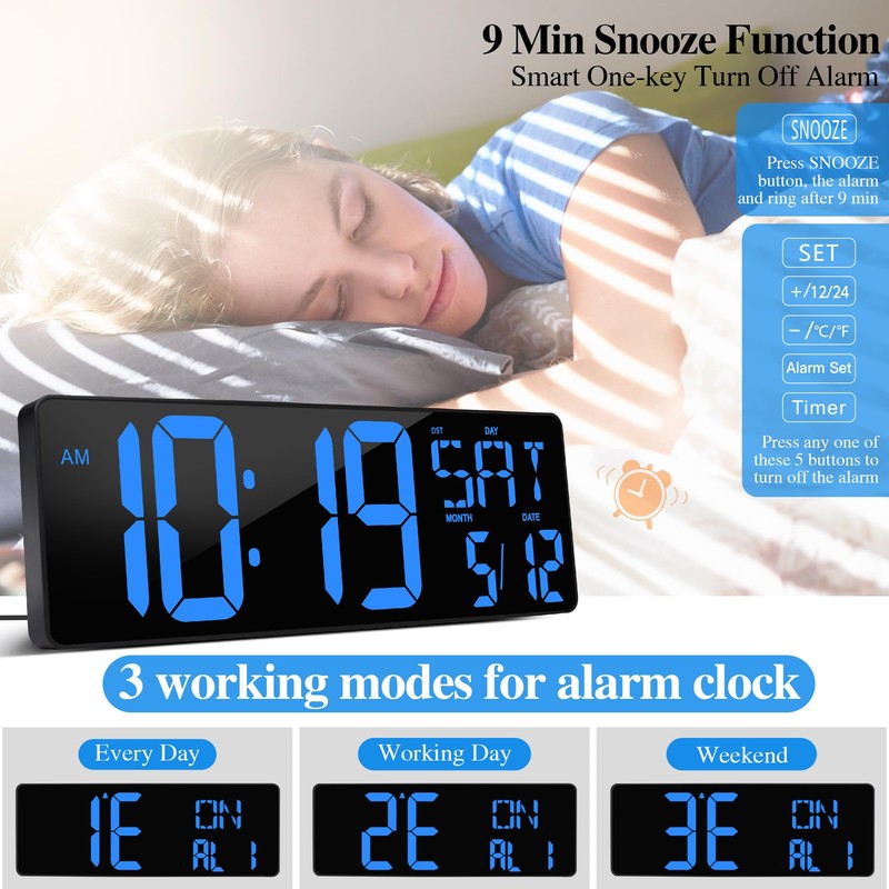 Large Digital Wall Clock with Remote Control 17.2" LED Large