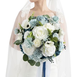Ling's Moment Dusty Blue Bridal Bouquet for Bride, Blue Wedding Bouquets for Bride, 9 Inch Silk Round Artificial Wedding Flowers Bouquets