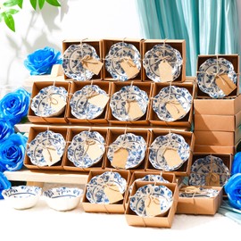 SiliFine 24 Pcs Wedding Favors for Guests Small Ceramic Bowl Bulk Gifts Set 3.3 Inch Floral Design Mini Dipping Sauce Dish with Card Box for Bridal Pooja Baby Shower Birthday Guest Gift (Blue)