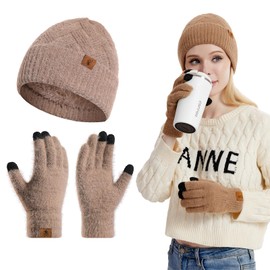 INSISMY Women's Hat Touchscreen Gloves Set Winter Warm Soft Double Layer Fleece Lined Beanie Skull Caps, khaki