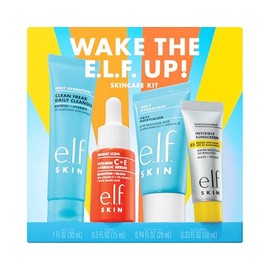 E.l.f. SKIN Wake the e.l.f. Up Kit de Cuidado de la Piel, Limpiador Facial, Suero de Vitamina C y E, Humectante, Protector Solar SPF 35, Tamaño de Viaje, Vegano