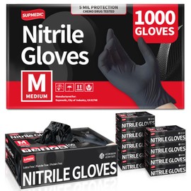 Supmedic Black Nitrile Exam Glove, 5 mil Powder-Free Latex-Free Disposable Medical Gloves, Case of 1000 Pcs (Medium)