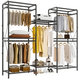 JOISCOPE Wardrobe Organizer - Heavy Duty Clothes Rack with 5 Closet Rods & 6 Shelves, Adjustable for Hanging & Storage - 75.2''67.7'', Black