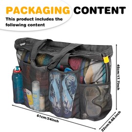 Sporgo Mesh Beach Bag XXL Family: Large Beach Bag with Zip Swimming Bag Waterproof Beach Bag Women's Beach Bag Tote Bag for Beach Travel Pool Gym, black