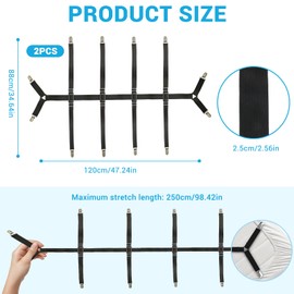 TPTGIAR 2 PCS Adjustable Sheet Clips for Bedding, Bed Sheet Clips, 12 Sides Fitted Sheet Clips, Black Elastic Bed Sheet Grippers with Metal Clip for Mattress Sofa Cushion