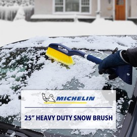 Michelin Heavy Duty 25 Inch Snow Brush with Ice Scraper, Blue Yellow Grey, Lightweight Aluminium Shaft, Ergonomic Handle with Power Scraping Grip Design, for Snow, Ice, Slush, Car, SUV, Truck