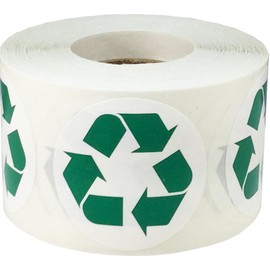 White and Green Recycle Logo Stickers, 1.5 Inches Round, 500 Labels on a Roll