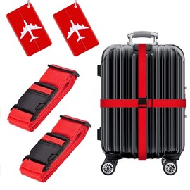 2 Pack Luggage Straps Set Adjustable Suitcase Belts Luggage Tags Travel Suitcase Tags With Name ID Card for Luggage Suitcase Travel Accessories (red)