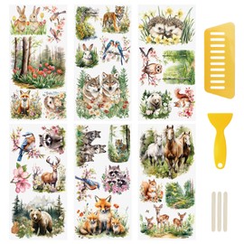 WANDIC 6PCS Spring Animals Rub On Transfer Stickers, Forest and Lake Scenery Decals Fox Rabbit Animals for Furniture Scrapbooking Window, 15 * 30cm