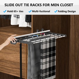 HANKEY Pull Out tie Organizer for Men, Slide Out Tie Rack 17.9in Side Mount Extendable Neck tie Racks for Closet up to 65 Ties Storage for Ties,Belts,Scarves,Pants Folding Holder for Space Saving
