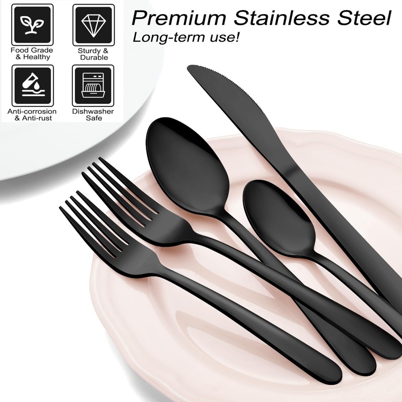 Pleafind 72Pcs Black Silverware Sets for 12 - Dishwasher Safe,